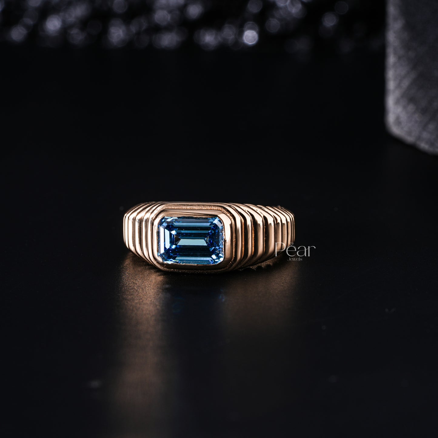 1.5Ct Blue Emerald Bezel Setting Labgrown Diamond Engagement Ring - Pear Jewels