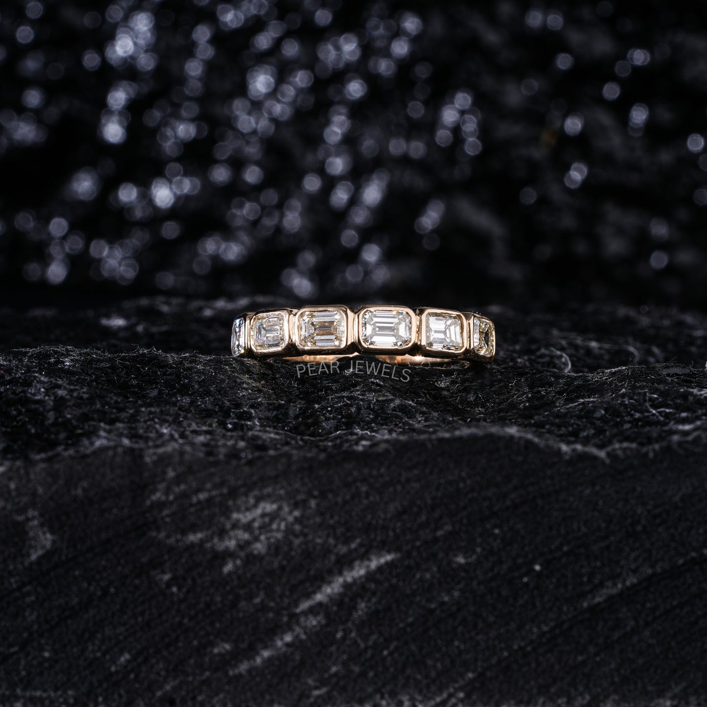 Seven Stone Emerald Bezel Setting Half Eternity Labgrown Diamond Band - Pear Jewels