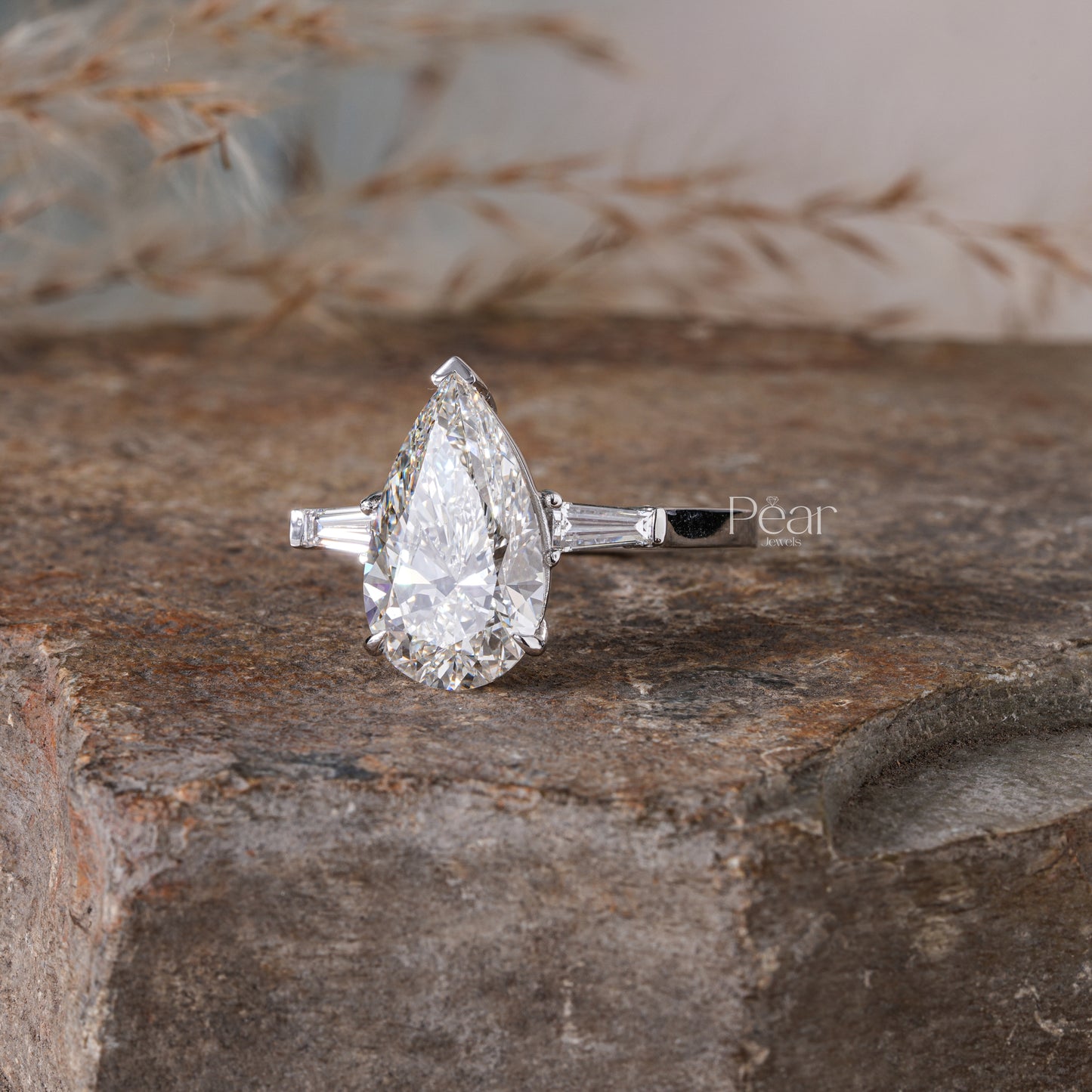 Pear Three-Stone Tapered Baguette Lab-Grown Diamond Ring - Pear Jewels