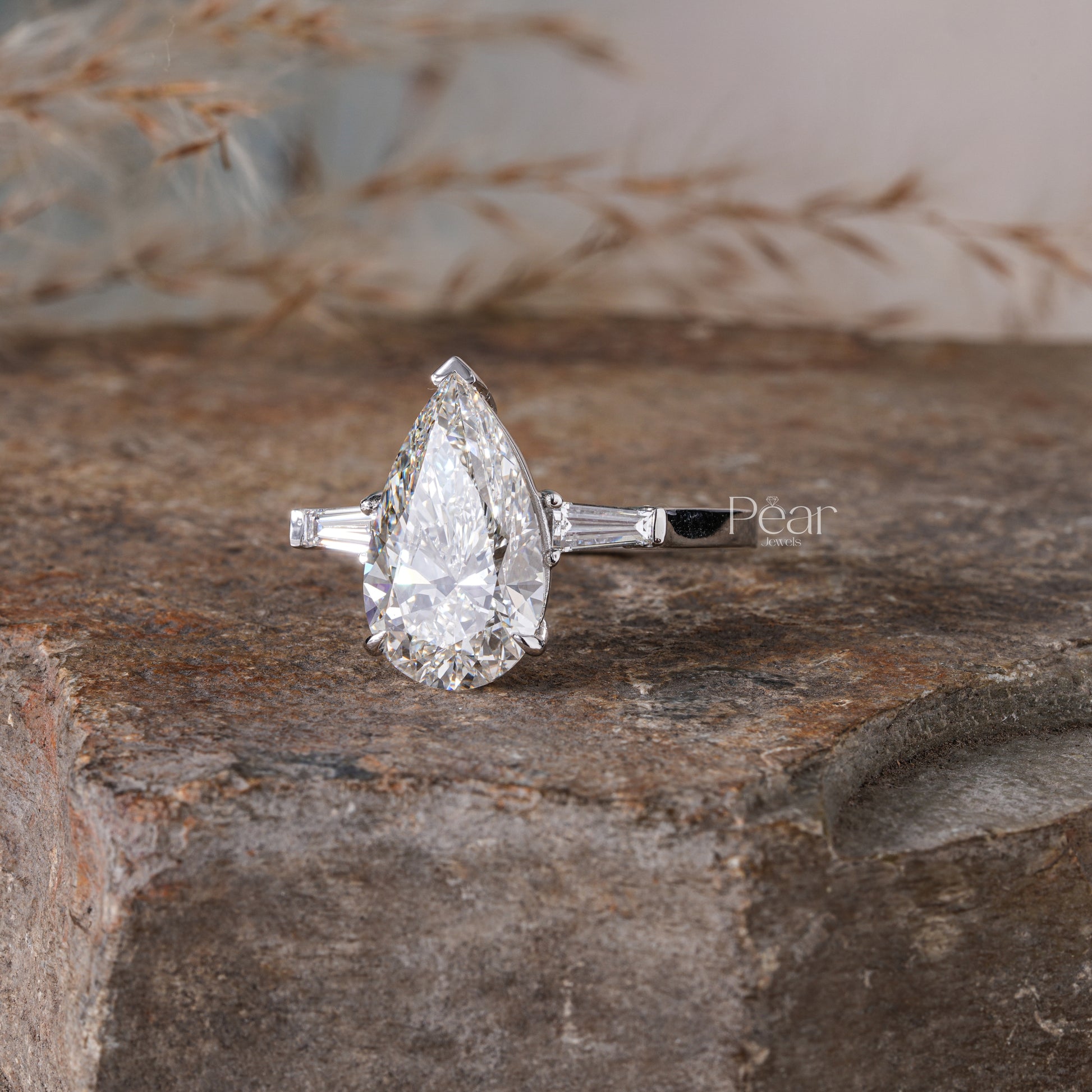 Pear Three-Stone Tapered Baguette Lab-Grown Diamond Ring - Pear Jewels