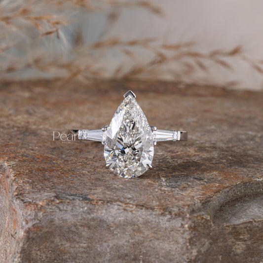 Pear Three-Stone Tapered Baguette Lab-Grown Diamond Ring - Pear Jewels