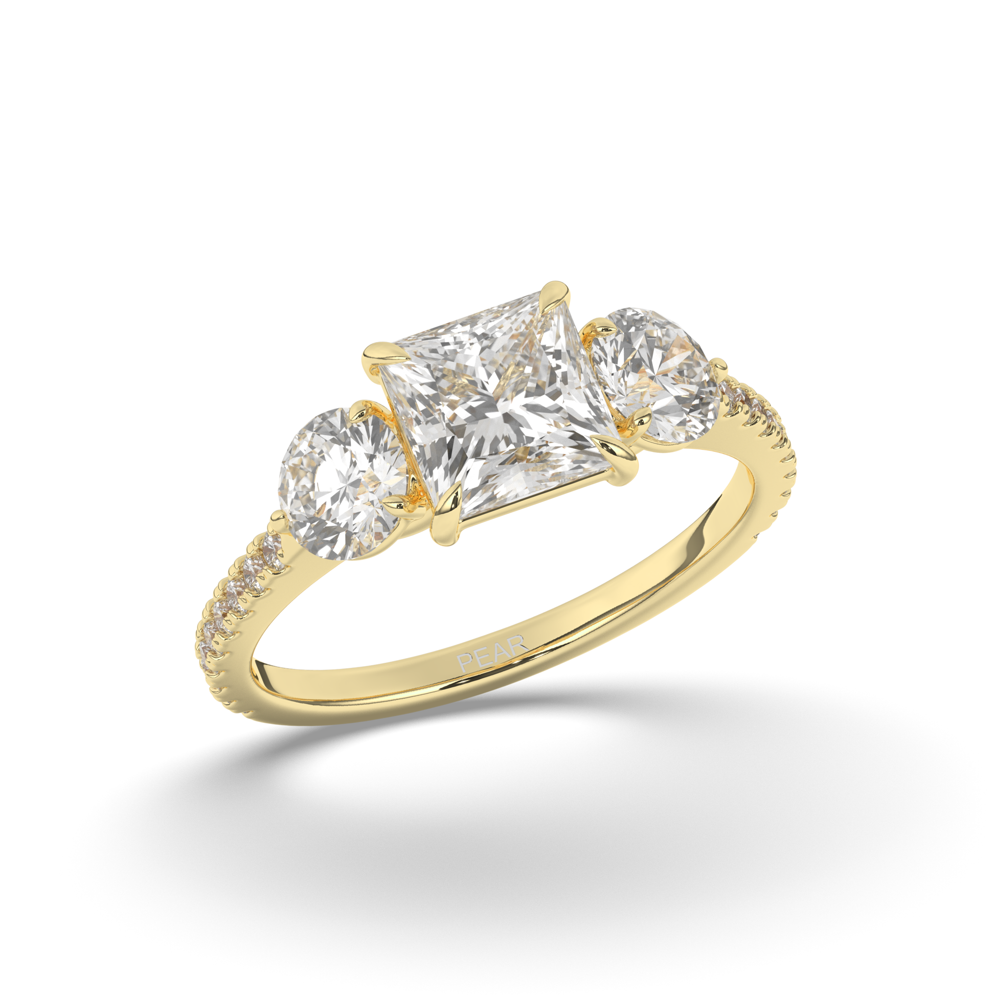 Three-Stone Princess Cut Lab-Grown Diamond Ring with Round Accents - Pear Jewels