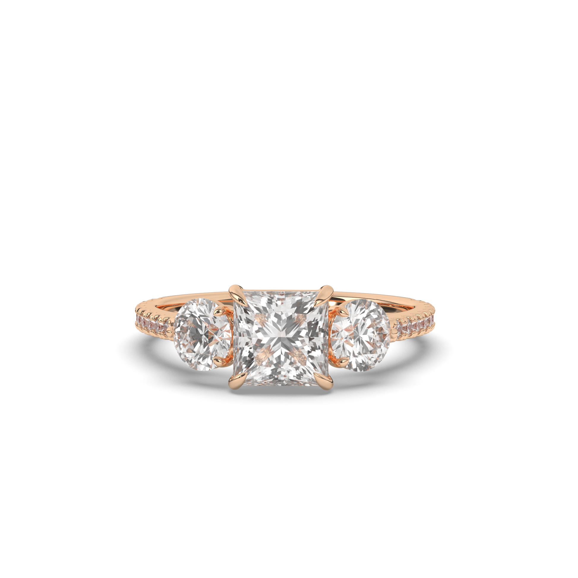 Three-Stone Princess Cut Lab-Grown Diamond Ring with Round Accents - Pear Jewels