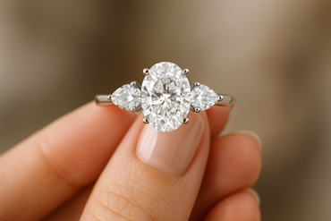 1.5Ct Oval & Pear Three Stone Labgrown Diamond Engagement Ring - in hand