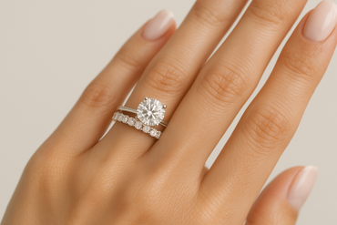 1.5ct Solitaire Ring With Round Eternity Wedding Band - in hand