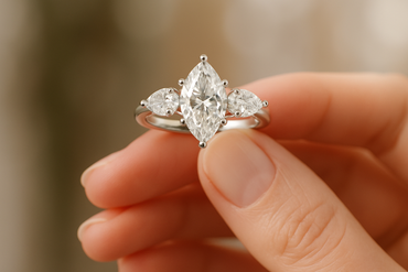 1.80Ct Marquise & Pear Three Stone Labgrown Diamond Engagement Ring - in hand