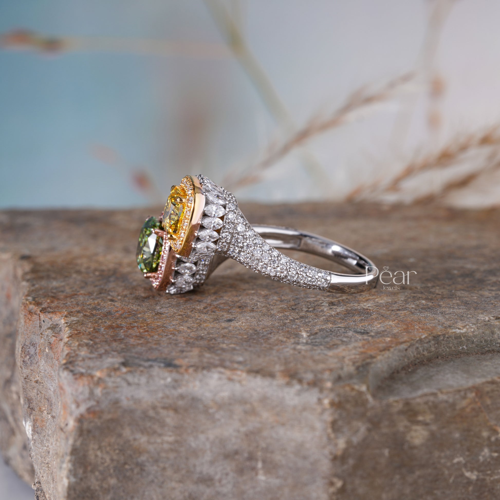 Green & Yellow Cushion Lab grown Toi et Moi Ring - Pear Jewels