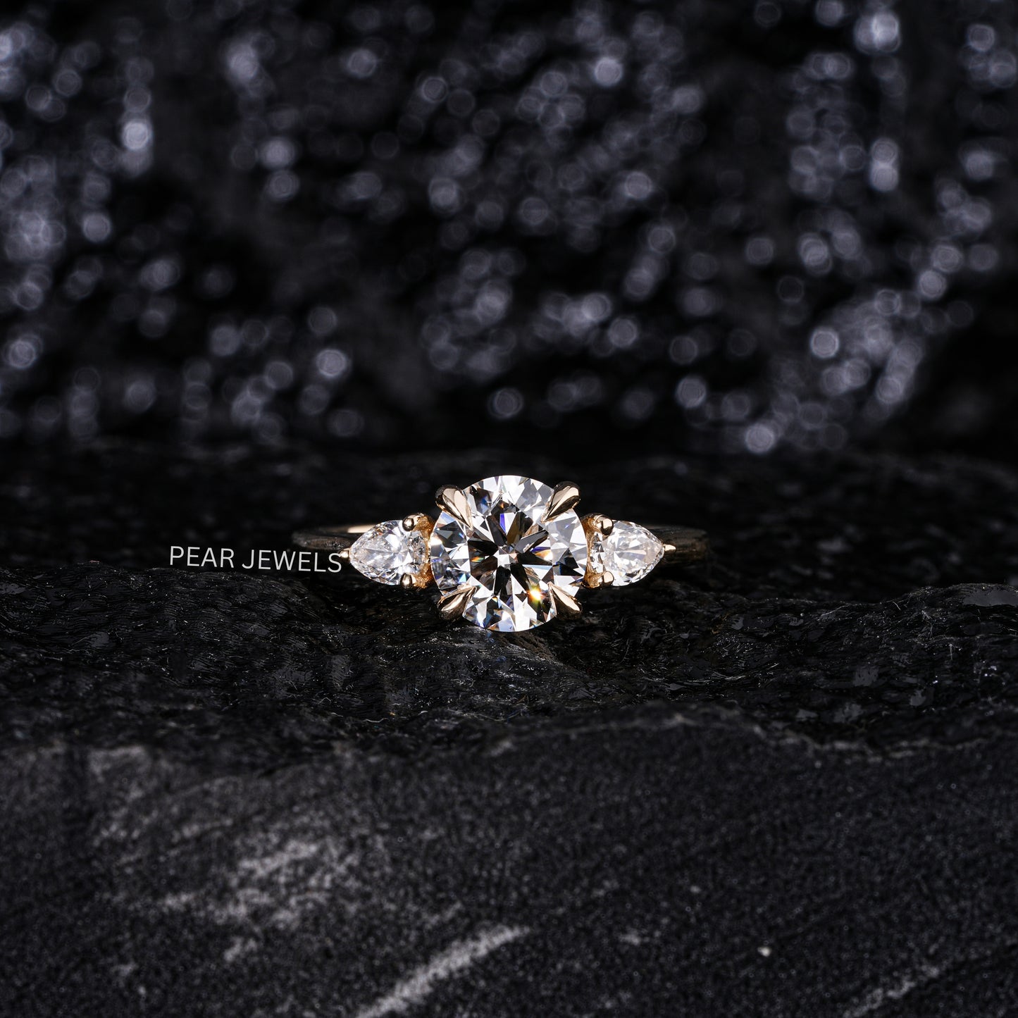 1.5Ct Round & Pear Three Stone Labgrown Diamond Engagement Ring