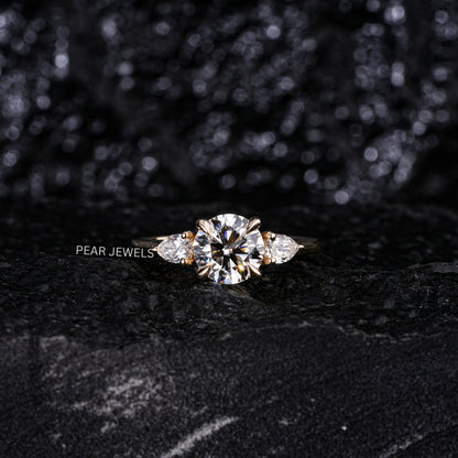1.5Ct Round & Pear Three Stone Labgrown Diamond Engagement Ring