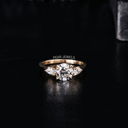 1.5Ct Round & Pear Three Stone Labgrown Diamond Engagement Ring