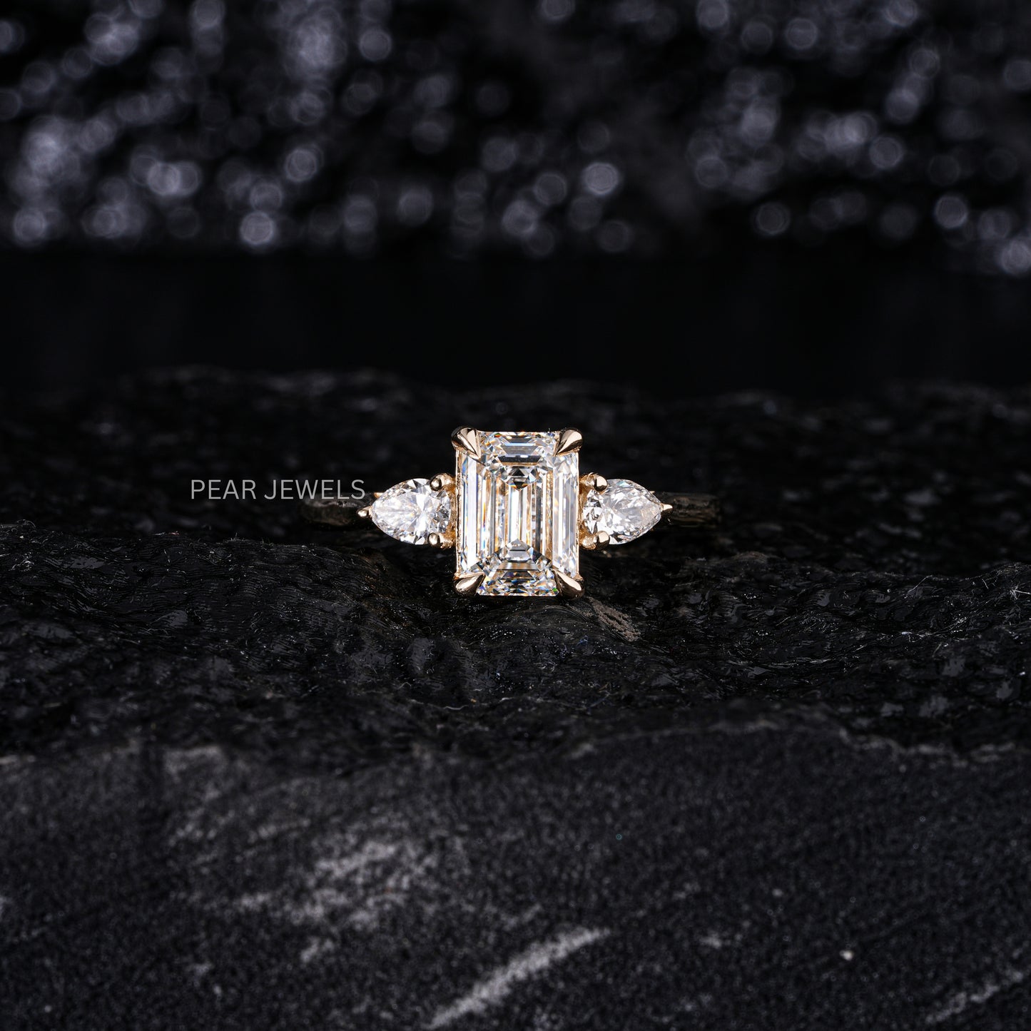 1.5Ct Emerald & Pear Three Stone Labgrown Diamond Engagement Ring