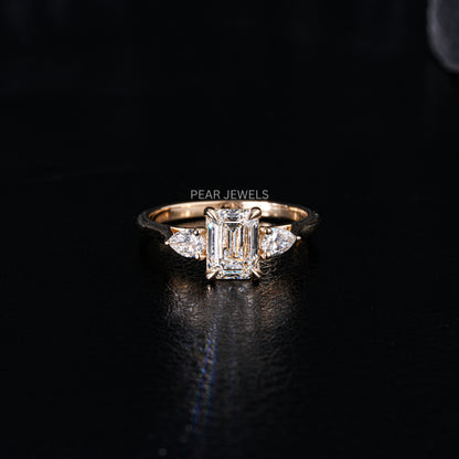 1.5Ct Emerald & Pear Three Stone Labgrown Diamond Engagement Ring