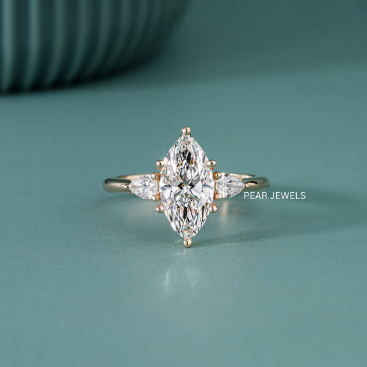 1.80Ct Marquise & Pear Three Stone Labgrown Diamond Engagement Ring