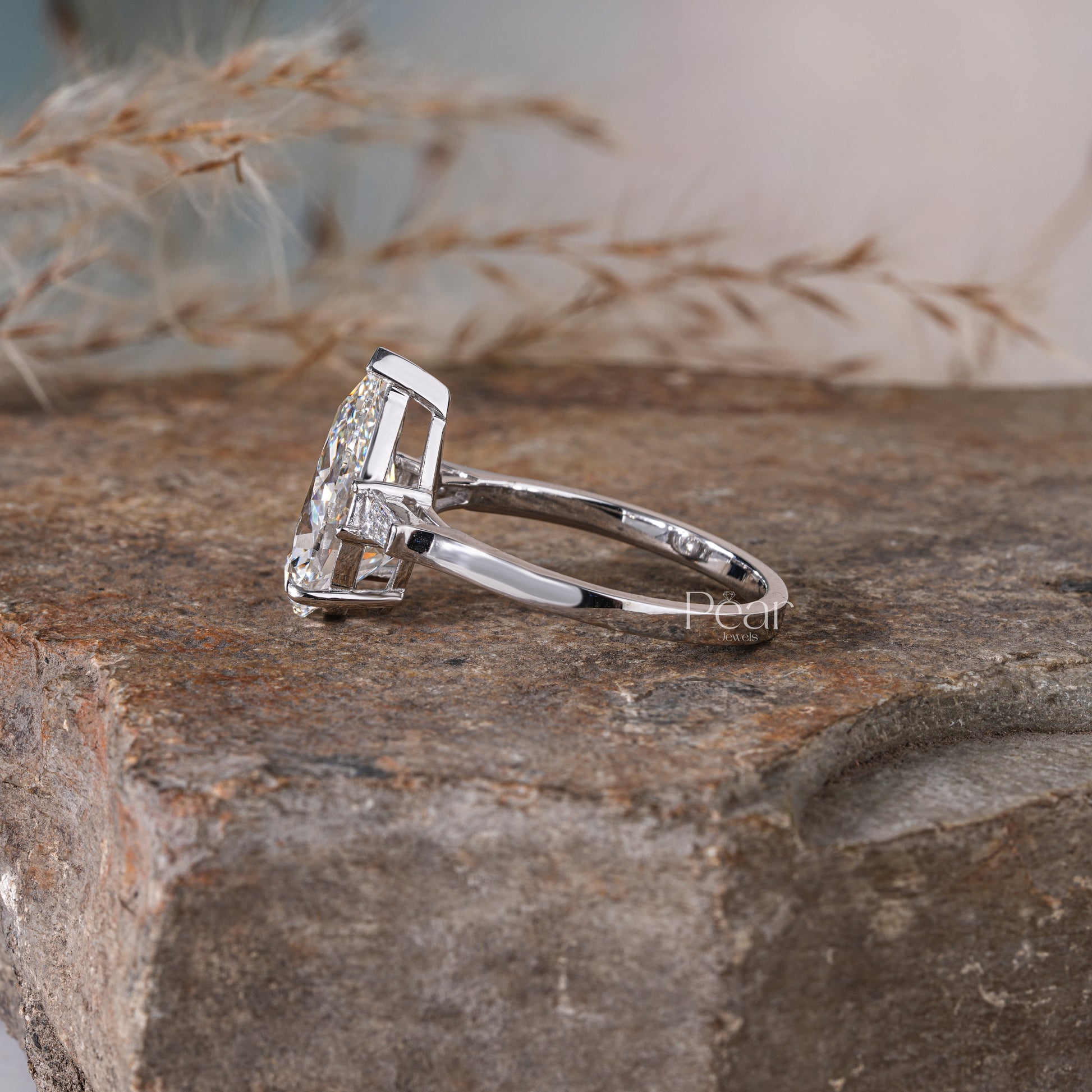 Pear Three-Stone Tapered Baguette Lab-Grown Diamond Ring - Pear Jewels