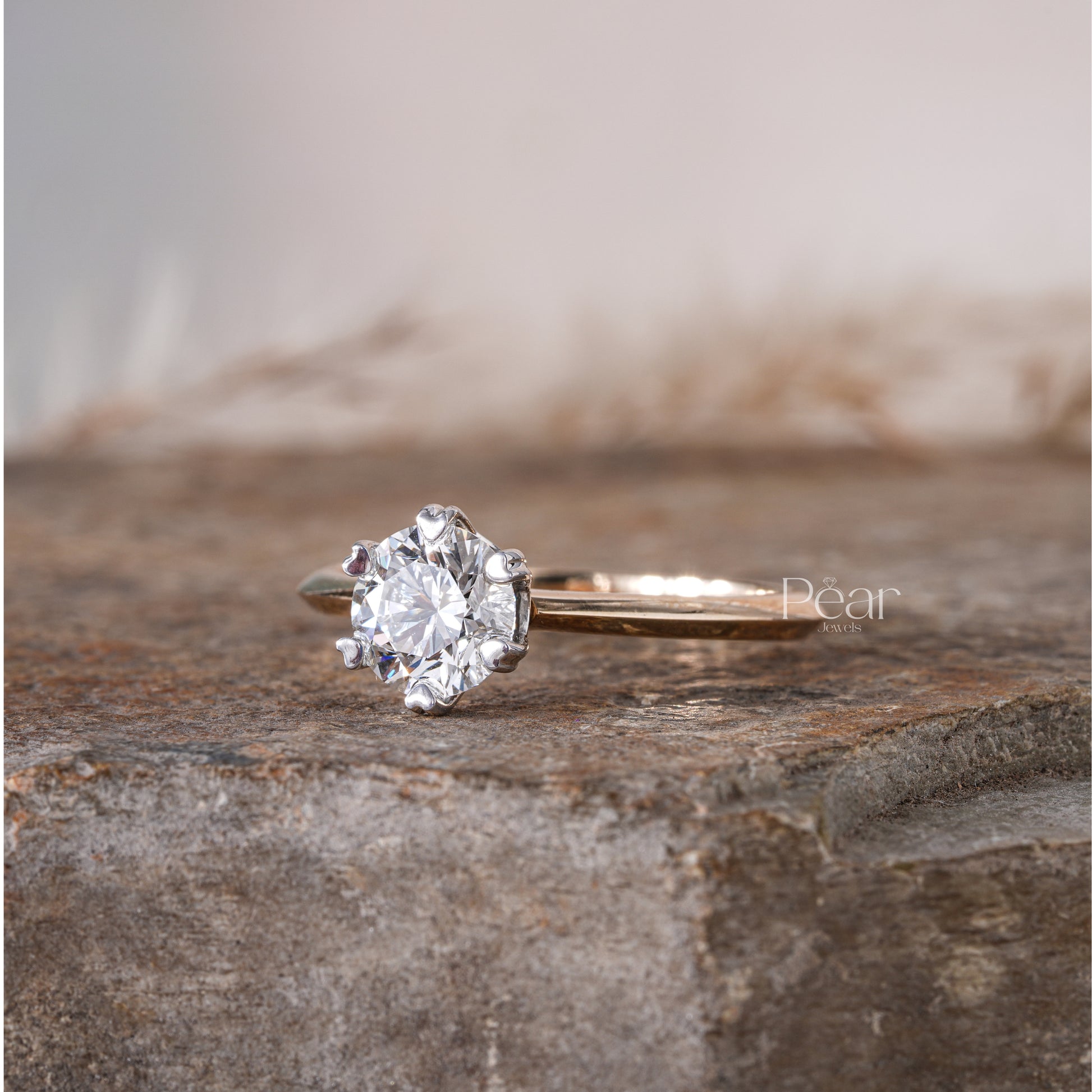 Round Solitaire Basket Heart Prong Engagement Ring - Pear Jewels