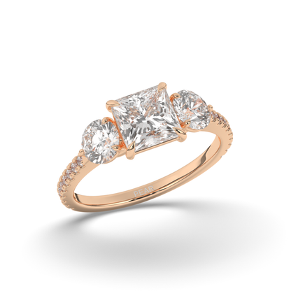 Three-Stone Princess Cut Lab-Grown Diamond Ring with Round Accents - Pear Jewels