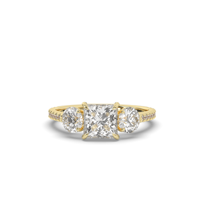 Three-Stone Princess Cut Lab-Grown Diamond Ring with Round Accents - Pear Jewels