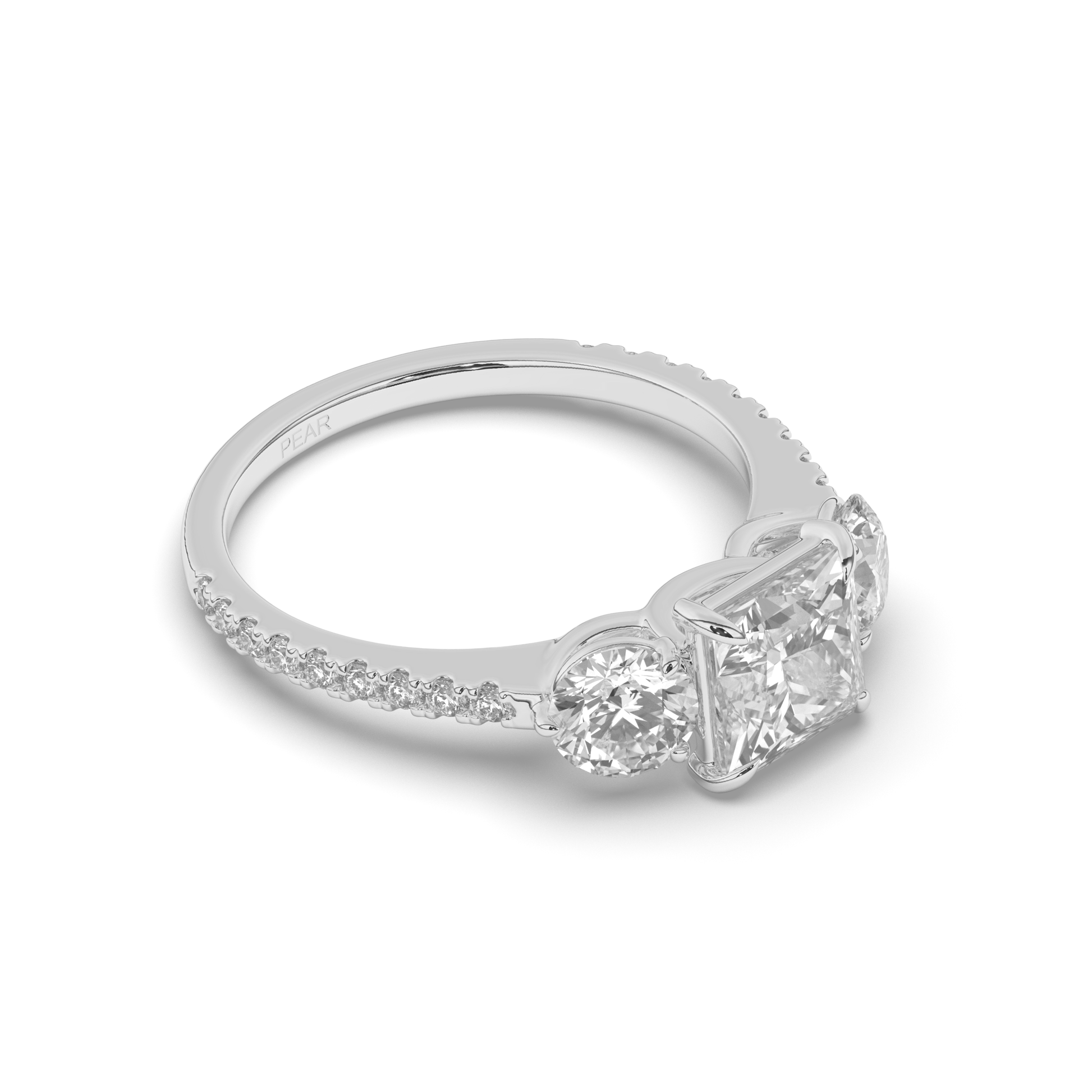 Three-Stone Princess Cut Lab-Grown Diamond Ring with Round Accents - Pear Jewels