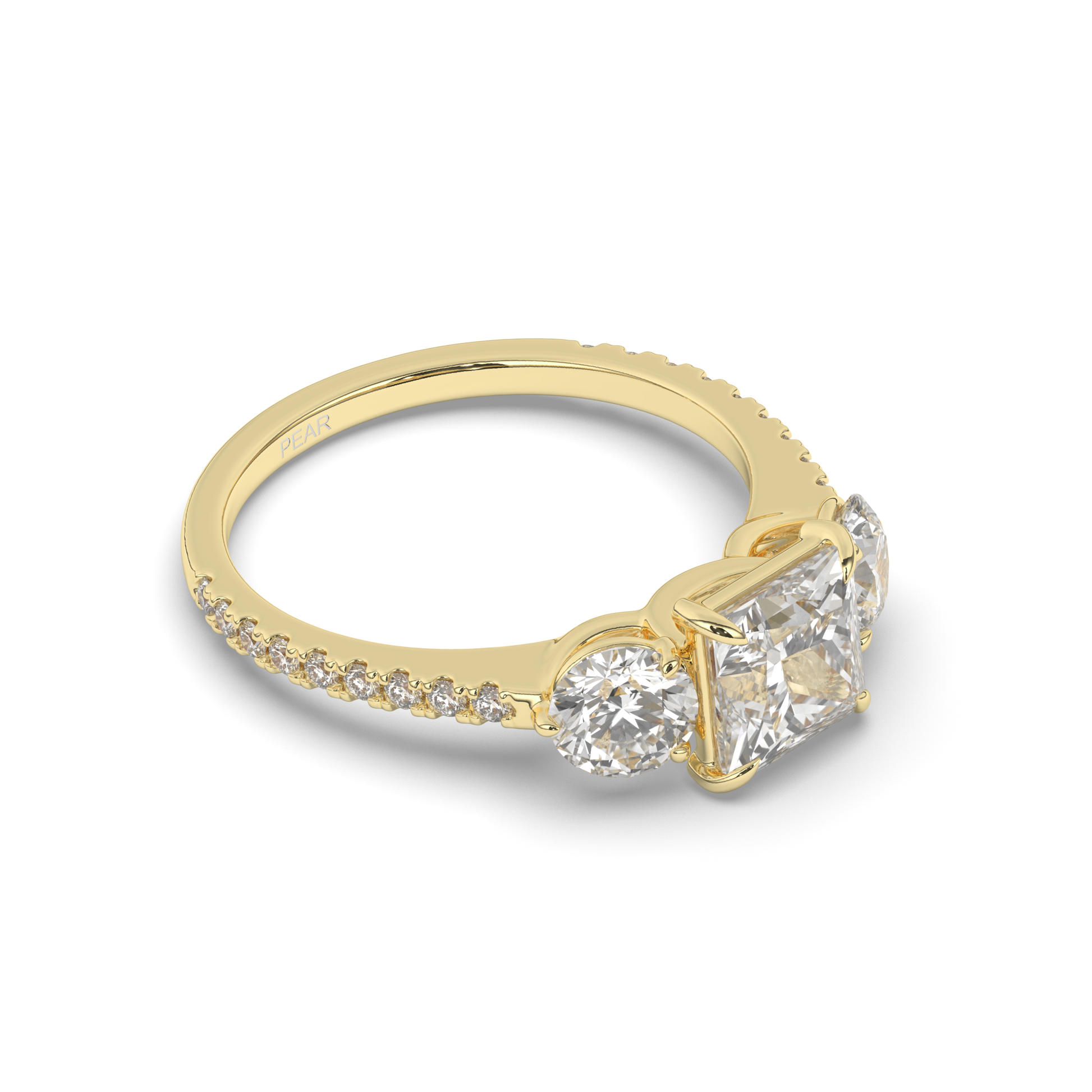 Three-Stone Princess Cut Lab-Grown Diamond Ring with Round Accents - Pear Jewels