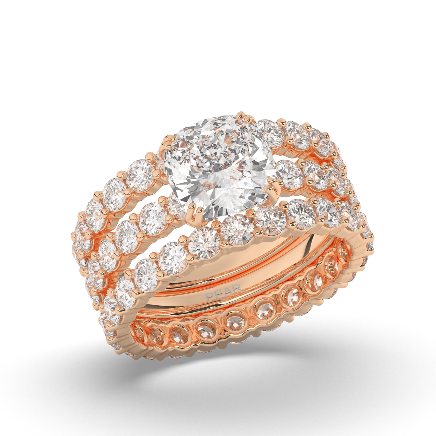 Three Ring Cushion & Round Lab-Grown Diamond Bridal Set - Pear Jewels