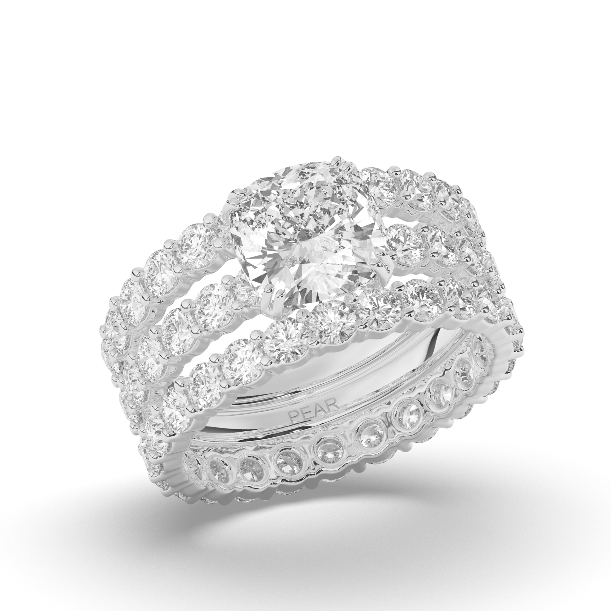 Three Ring Cushion & Round Lab-Grown Diamond Bridal Set - Pear Jewels