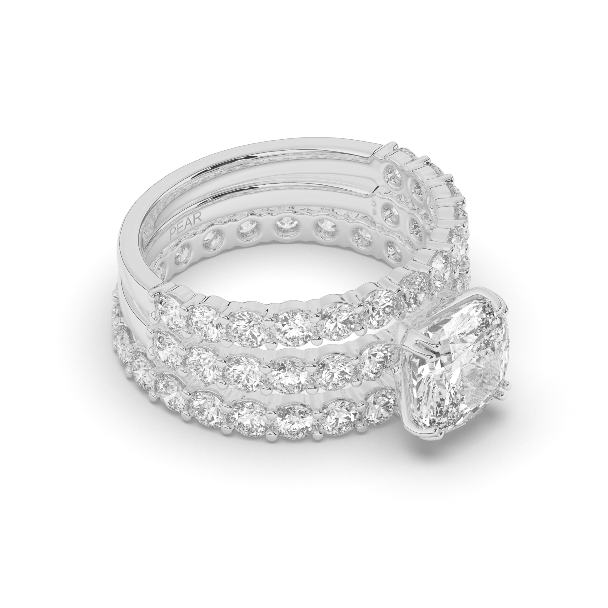 Three Ring Cushion & Round Lab-Grown Diamond Bridal Set - Pear Jewels
