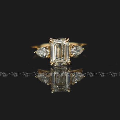 1.5Ct Emerald & Pear Three Stone Labgrown Diamond Engagement Ring