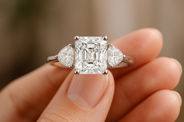 Three Stone Radiant & Pear Lab-Grown Diamond Ring - in hand